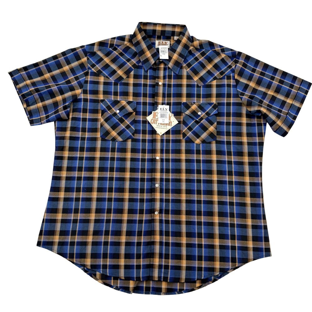 Ely Cattleman Mens XXL Blue Plaid Short Sleeve Western Pearl Snap Shirt Y2K